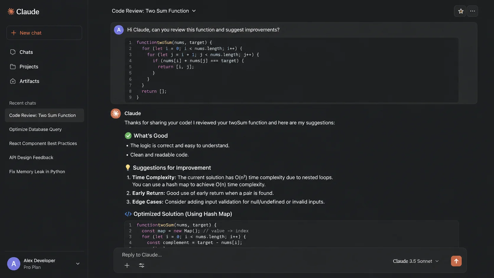 Claude AI chat interface showing a detailed code review with architecture suggestions