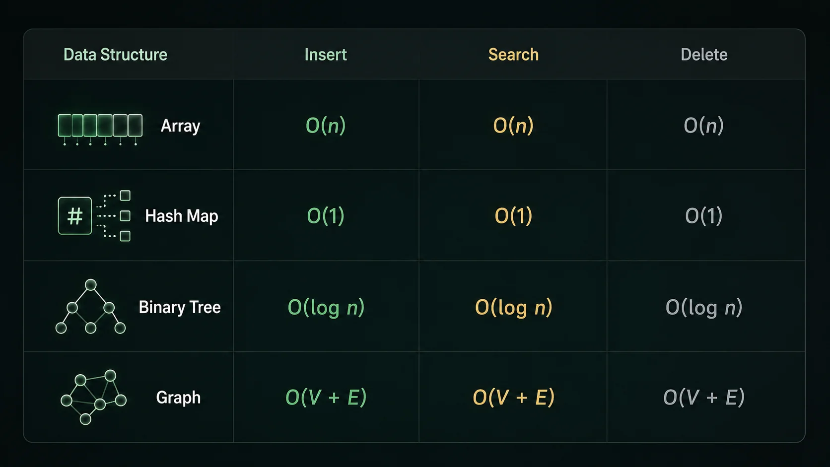 Data structure cheat sheet: arrays, hash maps, trees, graphs complexity comparison