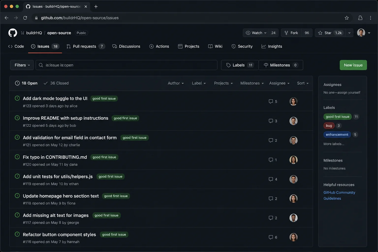 GitHub repository showing good-first-issue labels with clear, approachable tasks