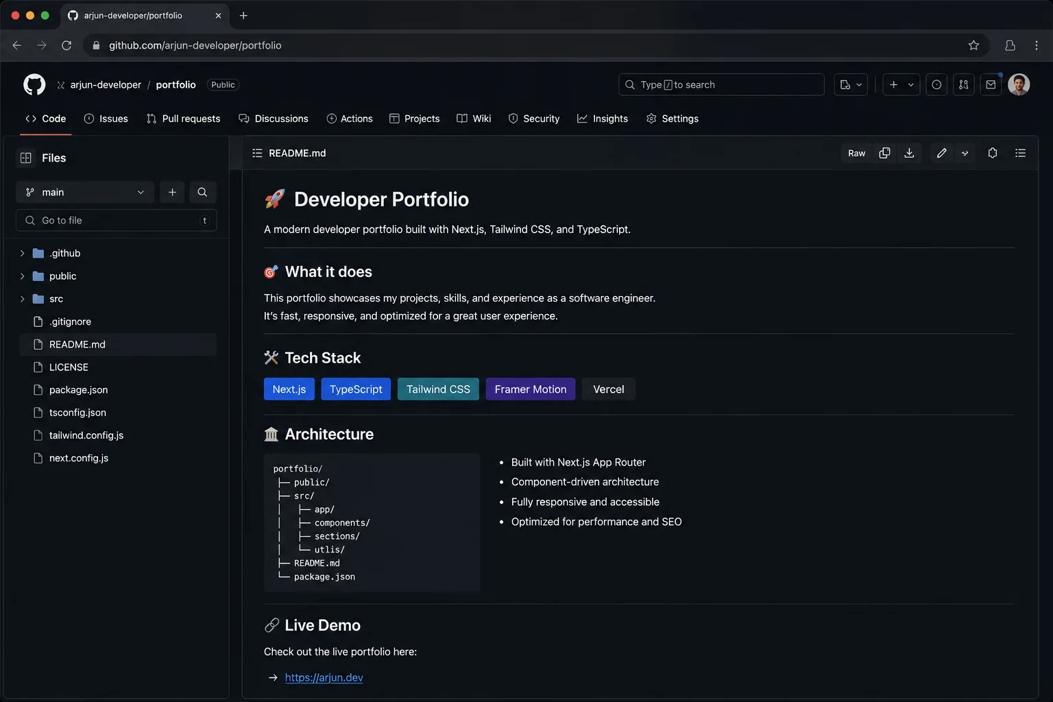A well-structured GitHub README with clear sections and live demo link
