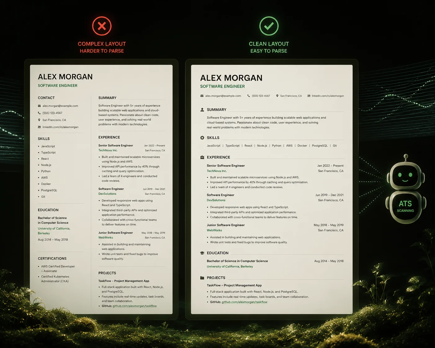 A resume before and after ATS optimization — left version with formatting issues, right version clean and parseable